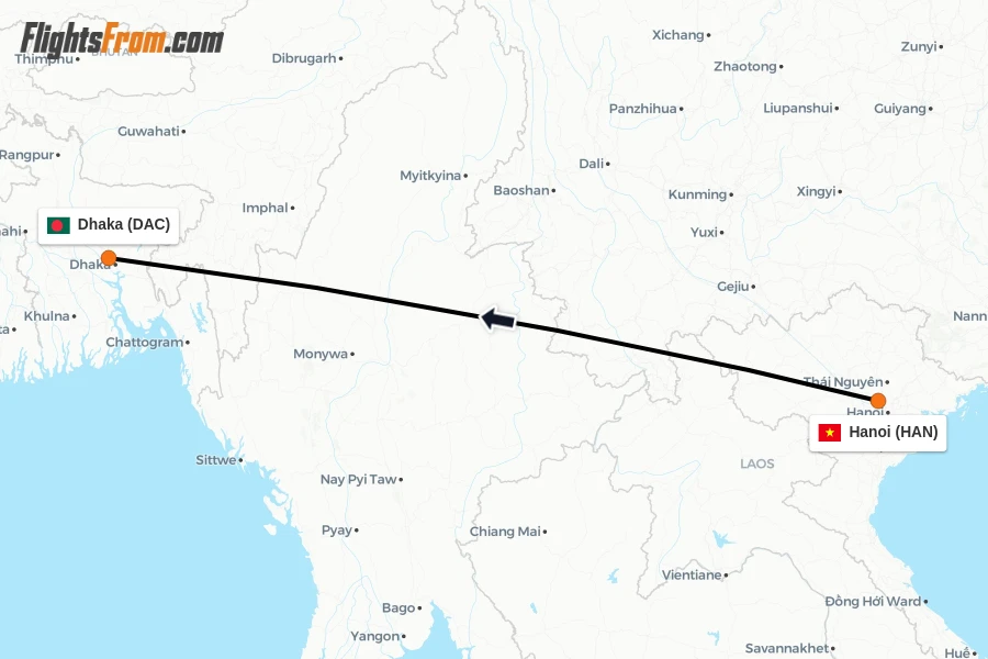 Flights from Hanoi to Dhaka route map