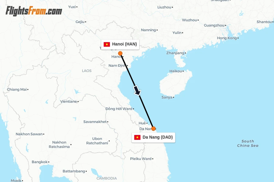 Flights from Hanoi to Da Nang route map