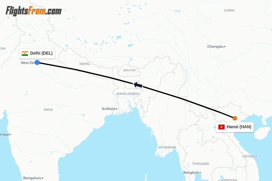 Flights from Hanoi to Delhi route map