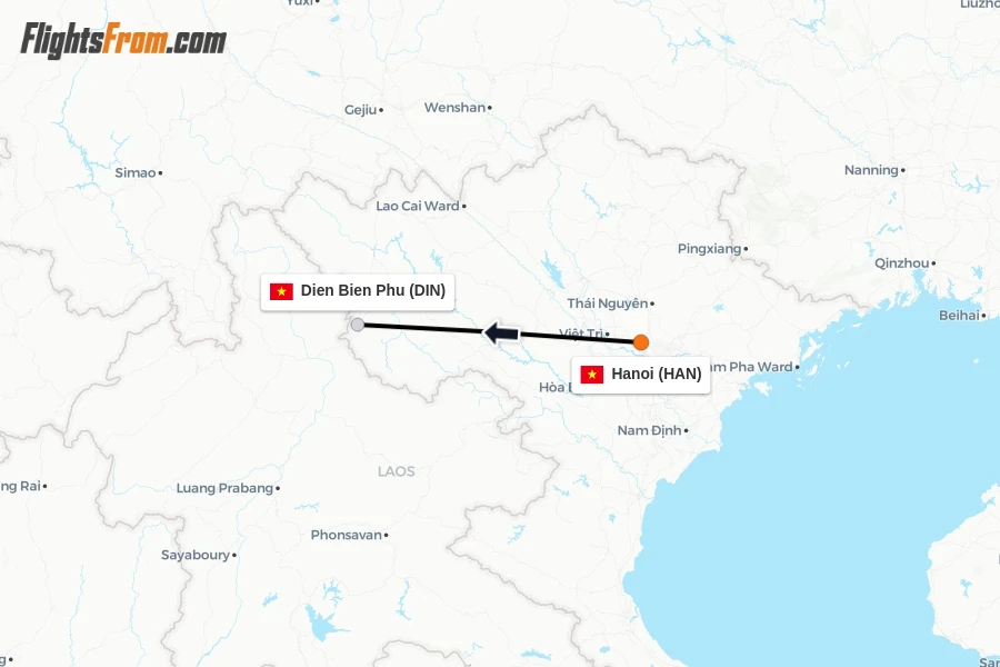 Flights from Hanoi to Dien Bien Phu route map