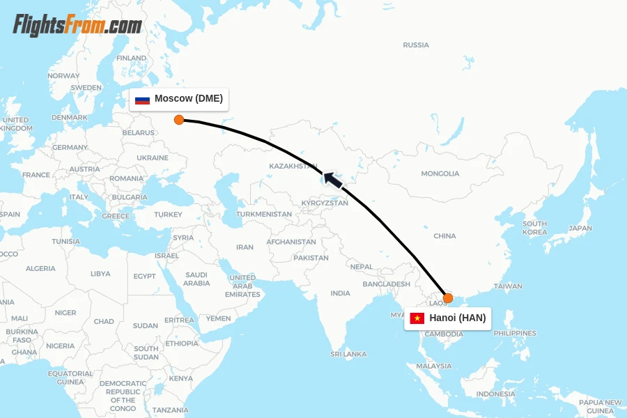Flights from Hanoi to Moscow route map