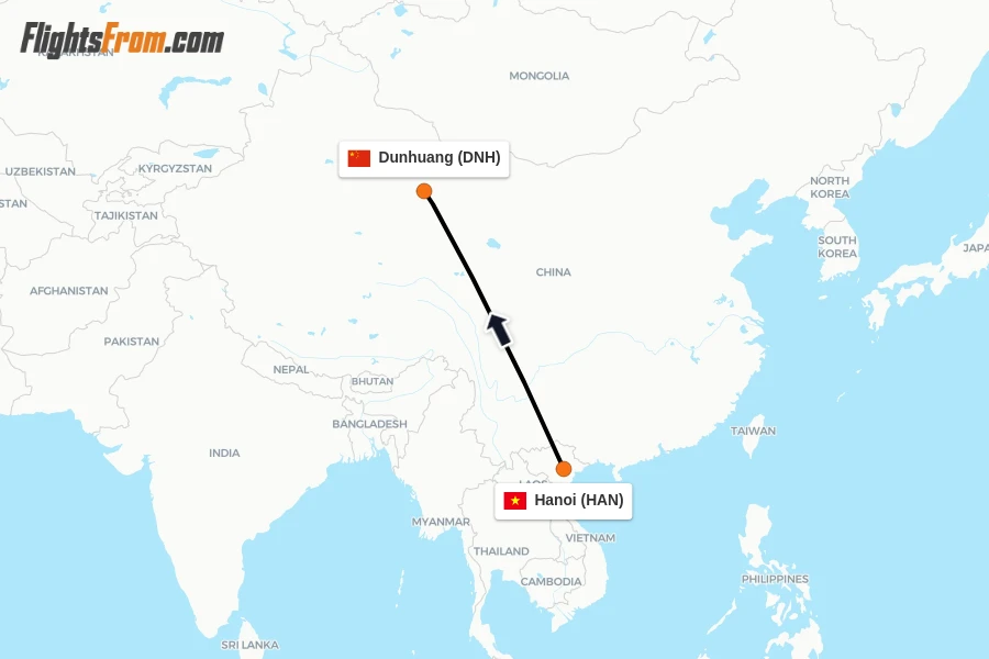 Flights from Hanoi to Dunhuang route map