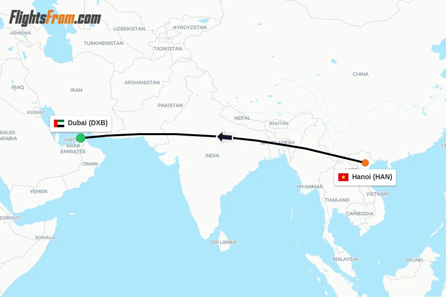Flights from Hanoi to Dubai route map
