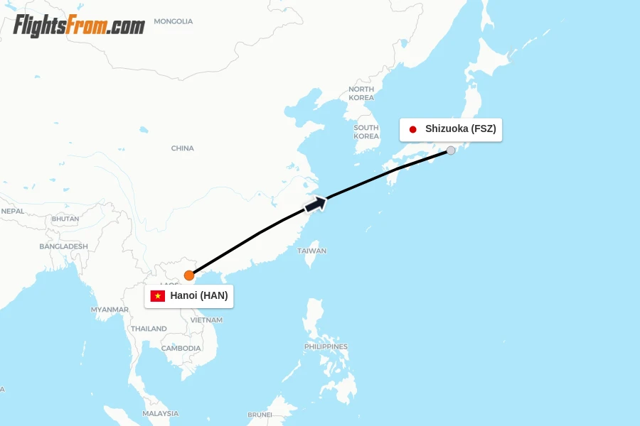 Flights from Hanoi to Shizuoka route map