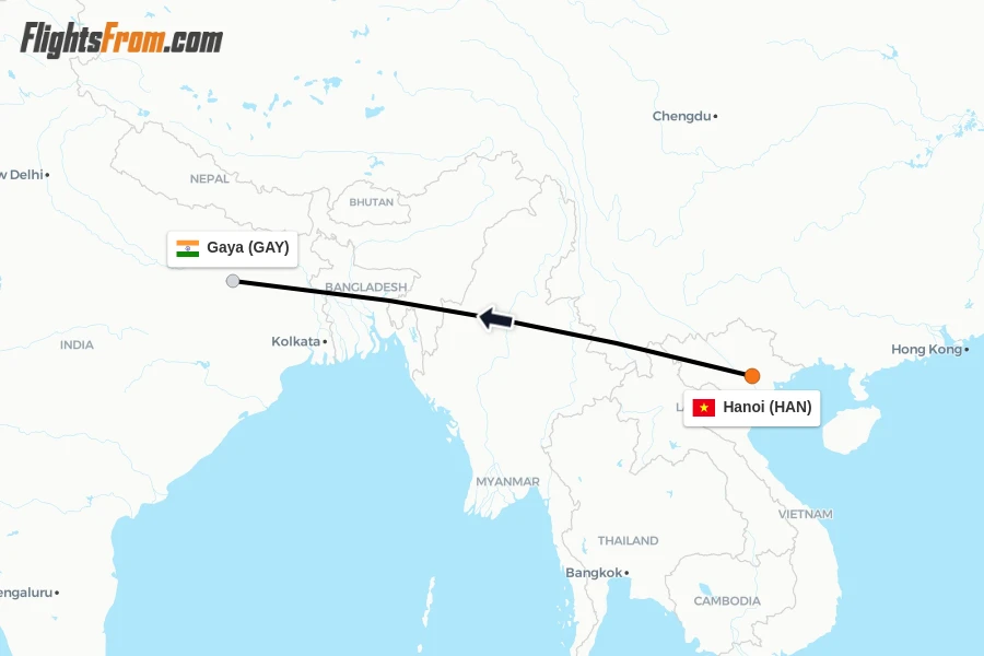 Flights from Hanoi to Gaya route map