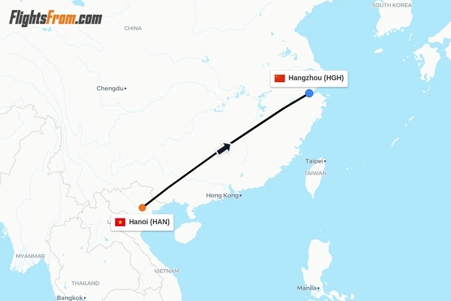 Flights from Hanoi to Hangzhou route map