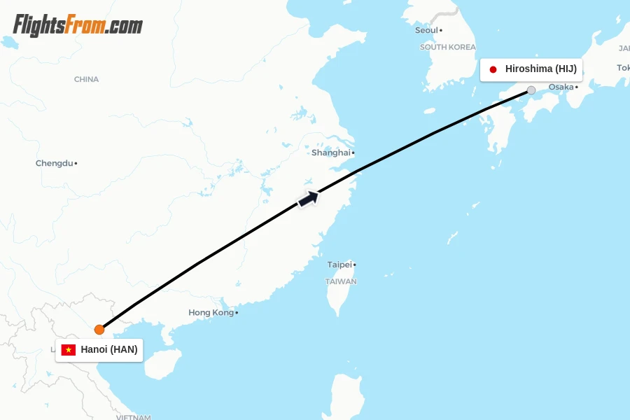 Flights from Hanoi to Hiroshima route map