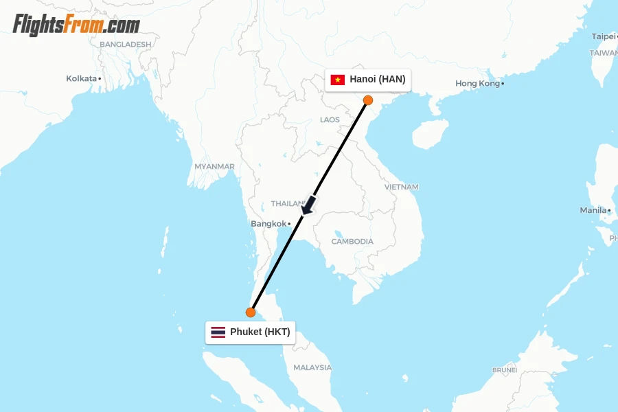 Flights from Hanoi to Phuket route map