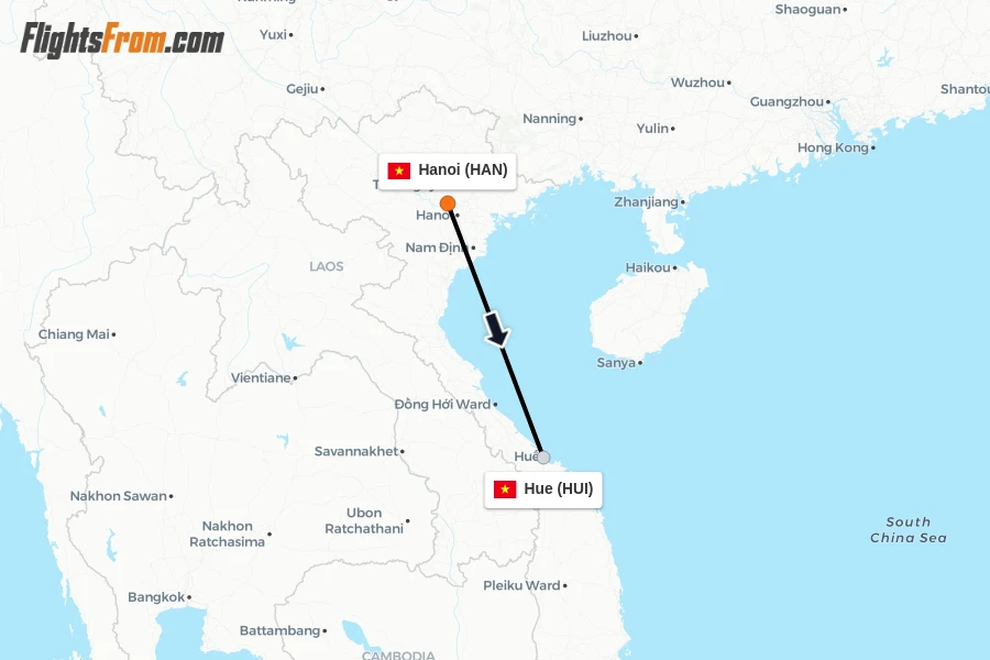 Flights from Hanoi to Hue route map