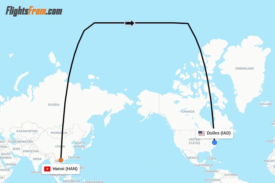 Flights from Hanoi to Dulles route map