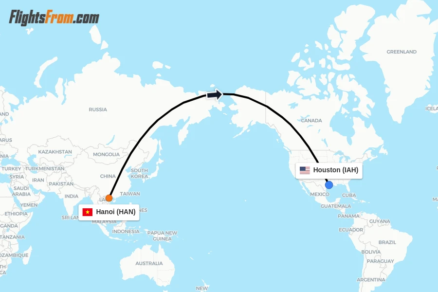 Flights from Hanoi to Houston route map