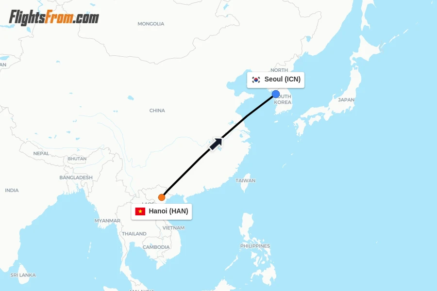 Flights from Hanoi to Seoul route map