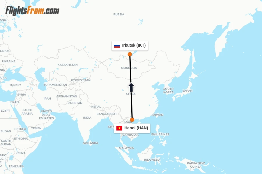Flights from Hanoi to Irkutsk route map