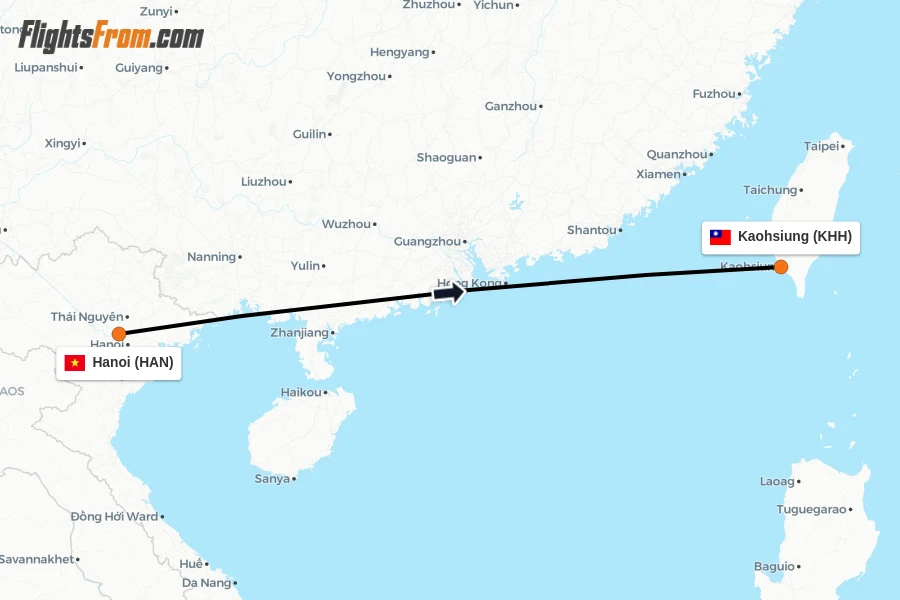 Flights from Hanoi to Kaohsiung route map