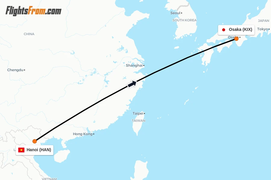 Flights from Hanoi to Osaka route map