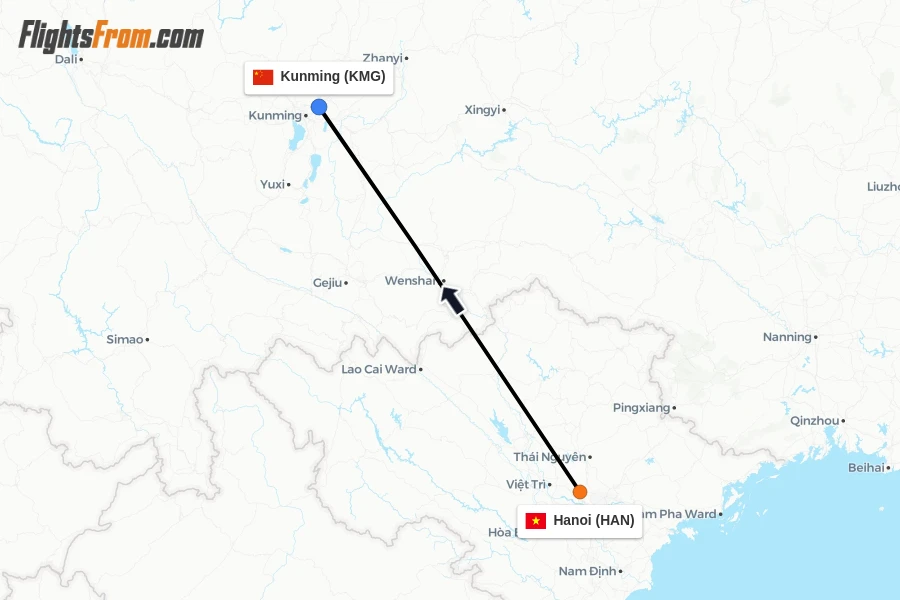 Flights from Hanoi to Kunming route map