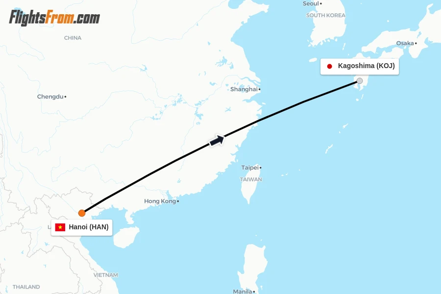 Flights from Hanoi to Kagoshima route map