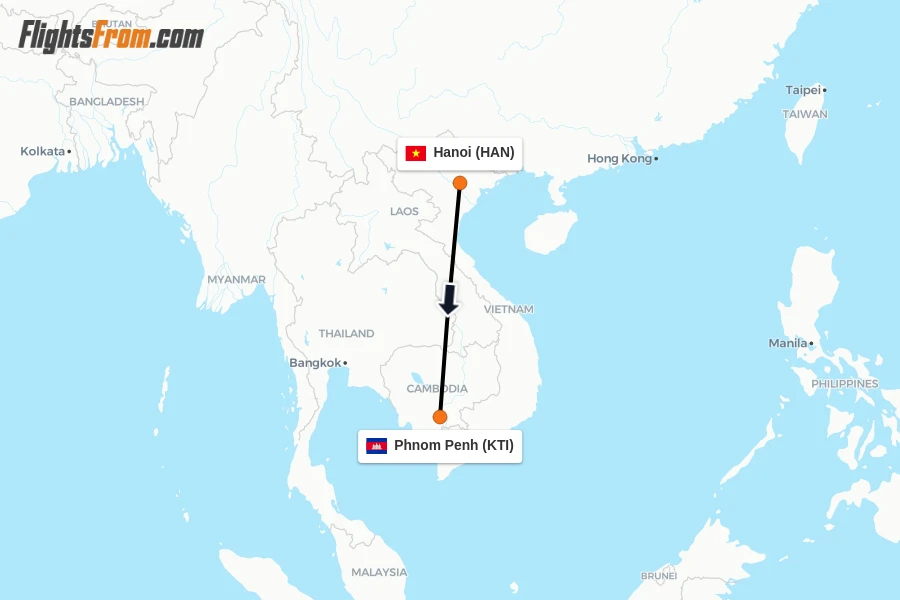 Flights from Hanoi to Phnom Penh route map