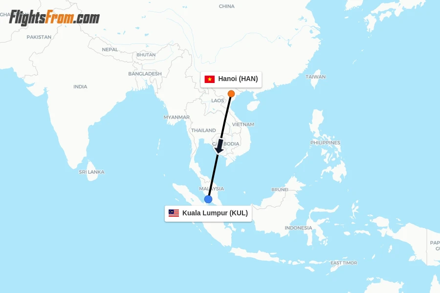 Flights from Hanoi to Kuala Lumpur route map
