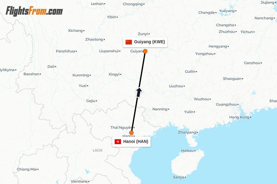 Flights from Hanoi to Guiyang route map