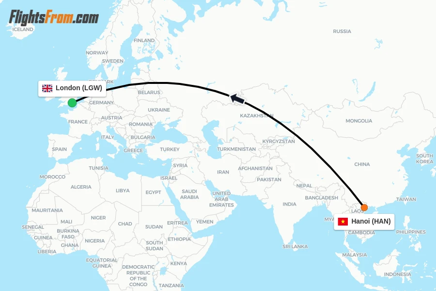 Flights from Hanoi to London route map