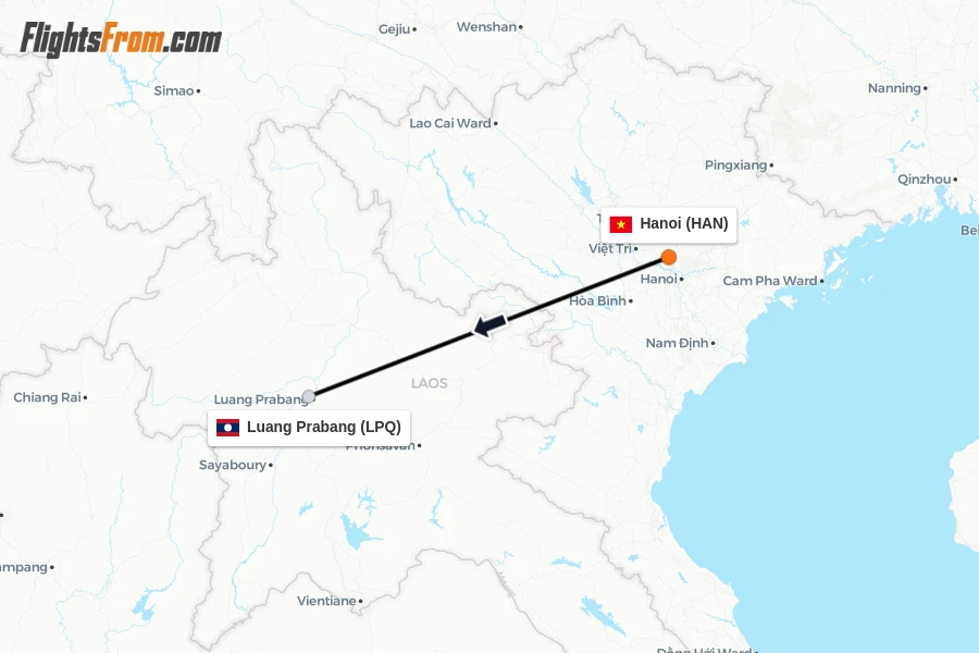 Flights from Hanoi to Luang Prabang route map