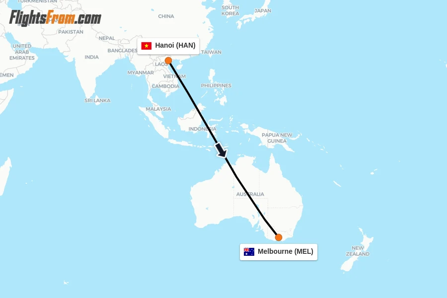 Flights from Hanoi to Melbourne route map