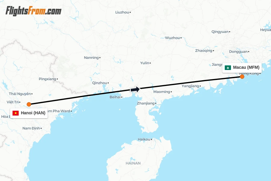 Flights from Hanoi to Macau route map