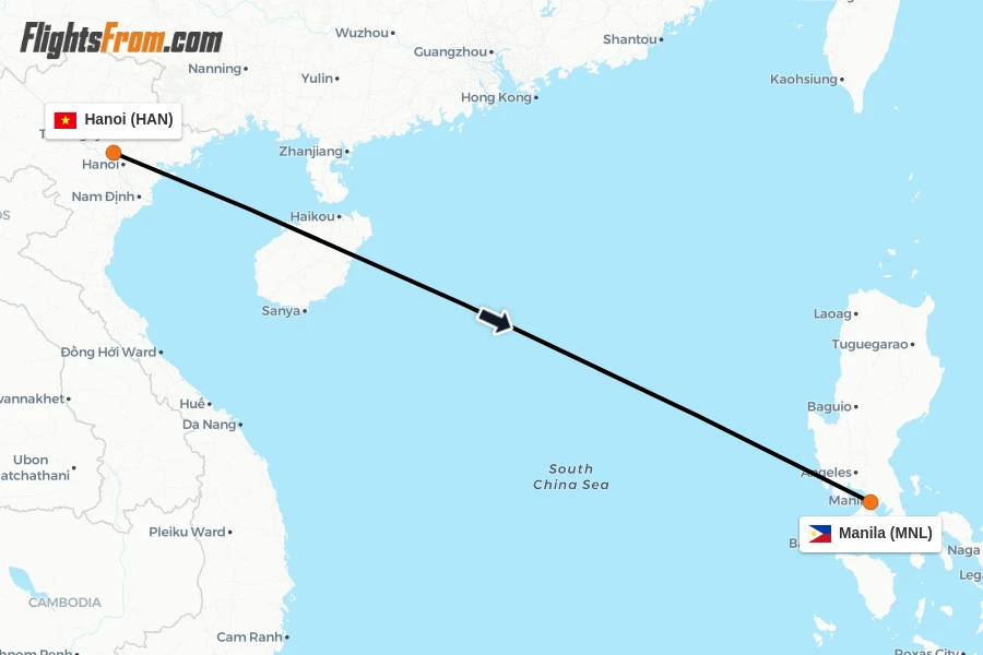 Flights from Hanoi to Manila route map