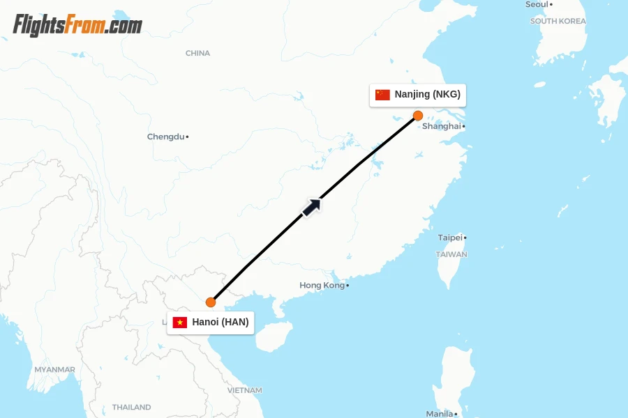 Flights from Hanoi to Nanjing route map