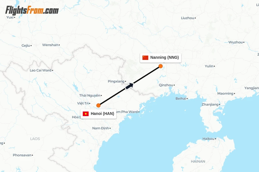Flights from Hanoi to Nanning route map
