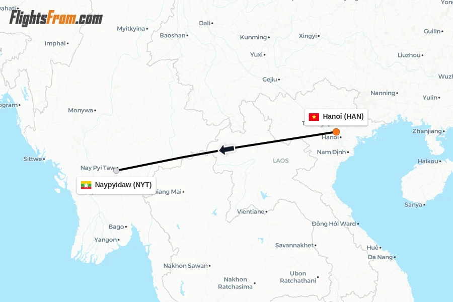 Flights from Hanoi to Naypyidaw route map