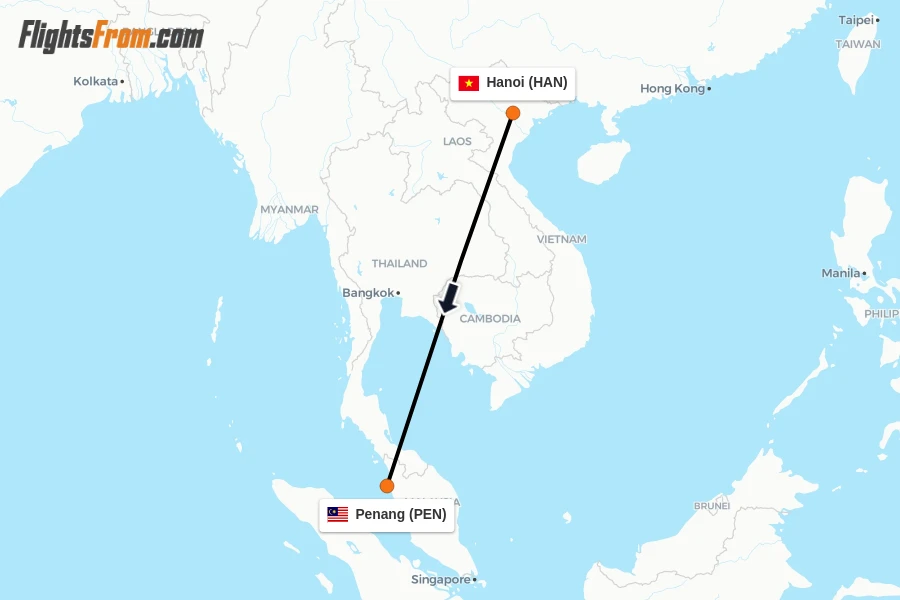 Flights from Hanoi to Penang route map