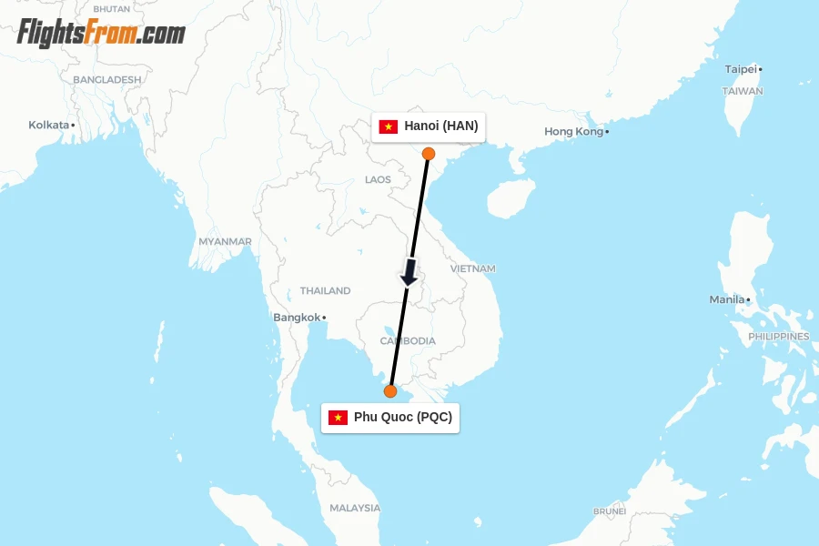 Flights from Hanoi to Phu Quoc route map