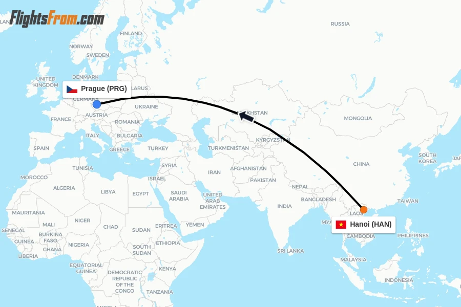 Flights from Hanoi to Prague route map