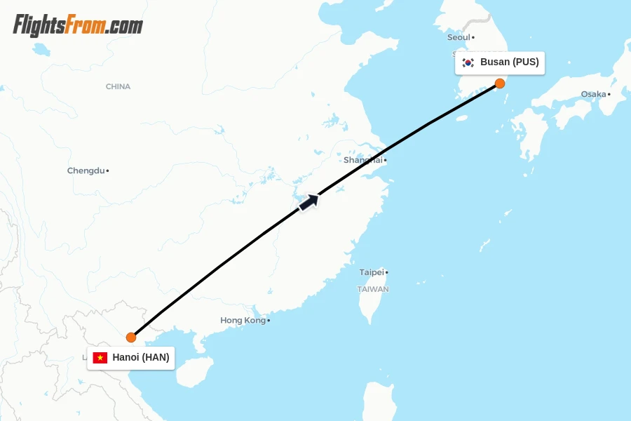 Flights from Hanoi to Busan route map