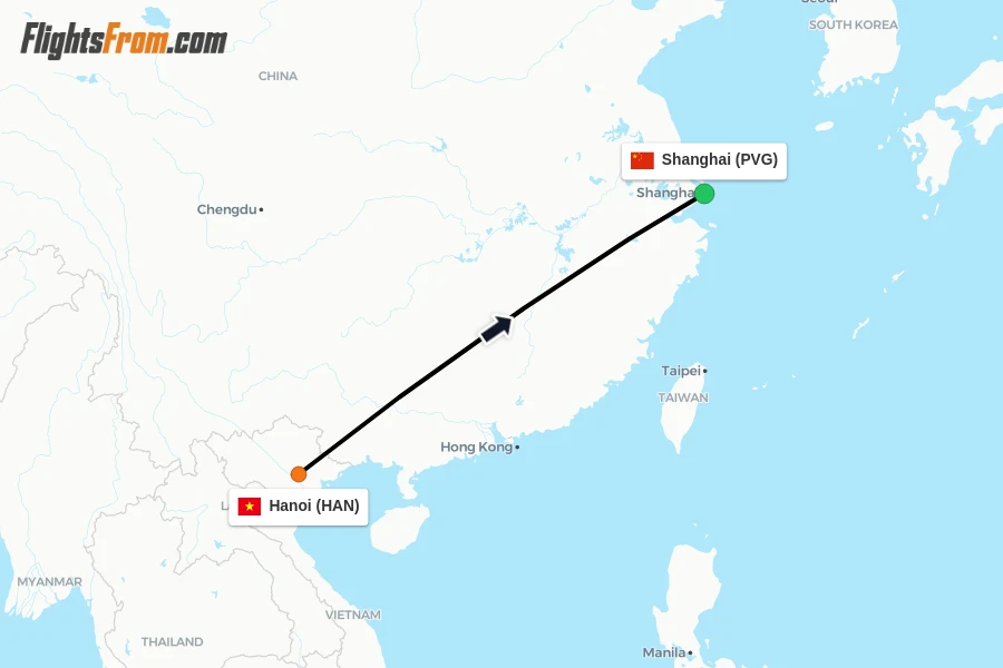 Flights from Hanoi to Shanghai route map