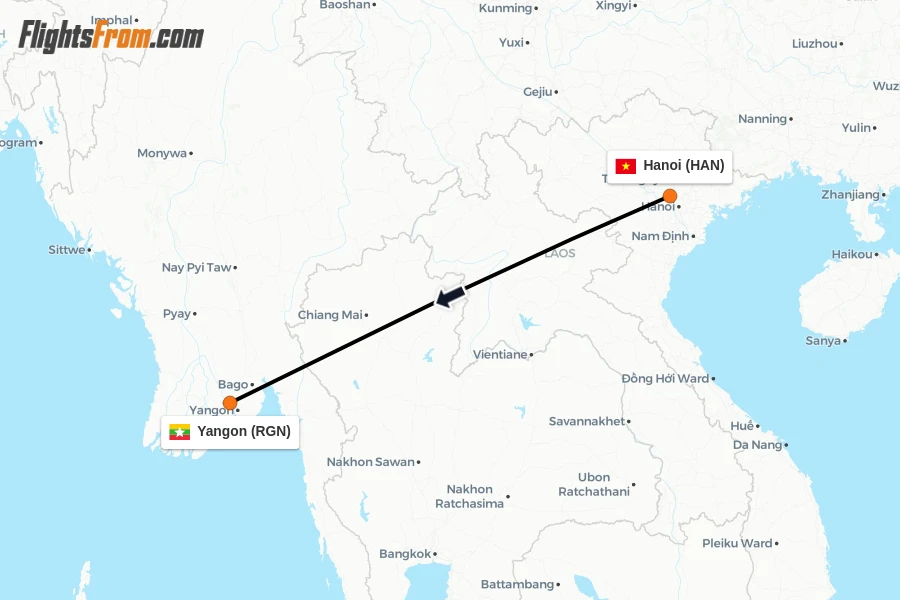 Flights from Hanoi to Yangon route map