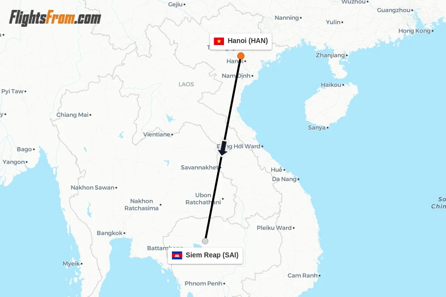 Flights from Hanoi to Siem Reap route map
