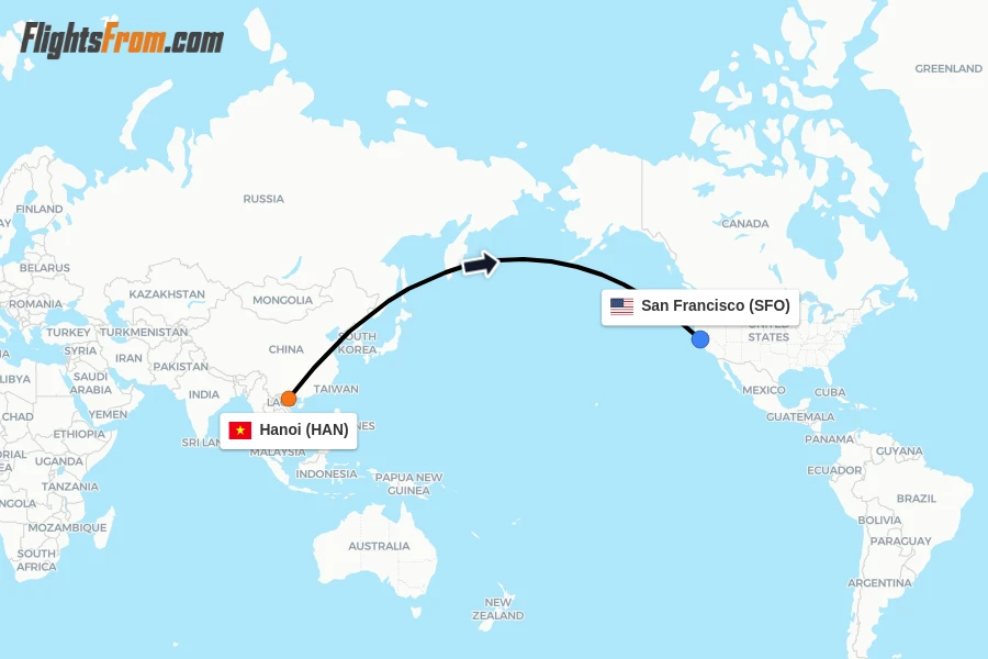 Flights from Hanoi to San Francisco route map