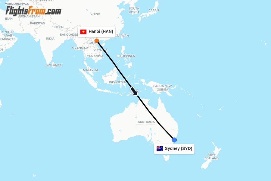 Flights from Hanoi to Sydney route map