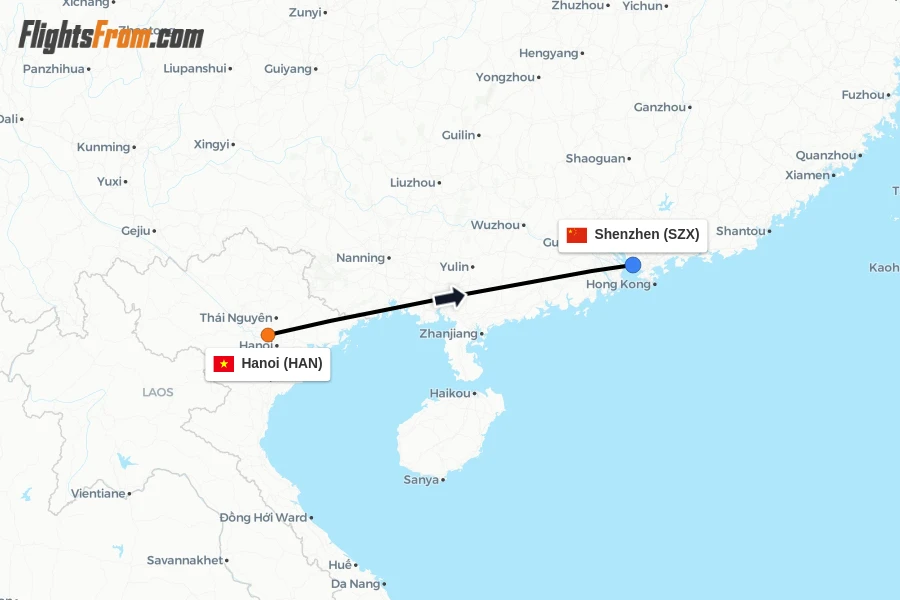 Flights from Hanoi to Shenzhen route map