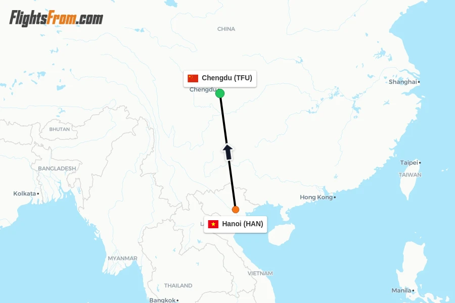 Flights from Hanoi to Chengdu route map