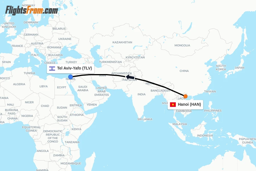 Flights from Hanoi to Tel Aviv-Yafo route map