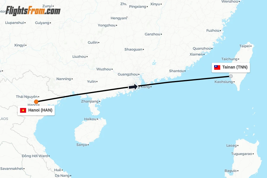 Flights from Hanoi to Tainan route map