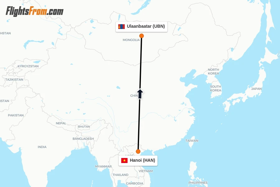 Flights from Hanoi to Ulaanbaatar route map