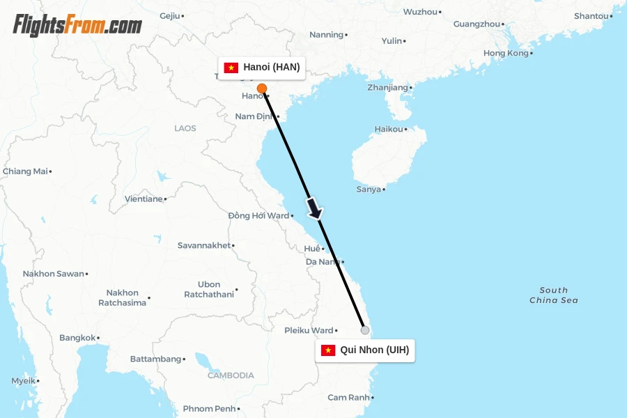 Flights from Hanoi to Qui Nhon route map