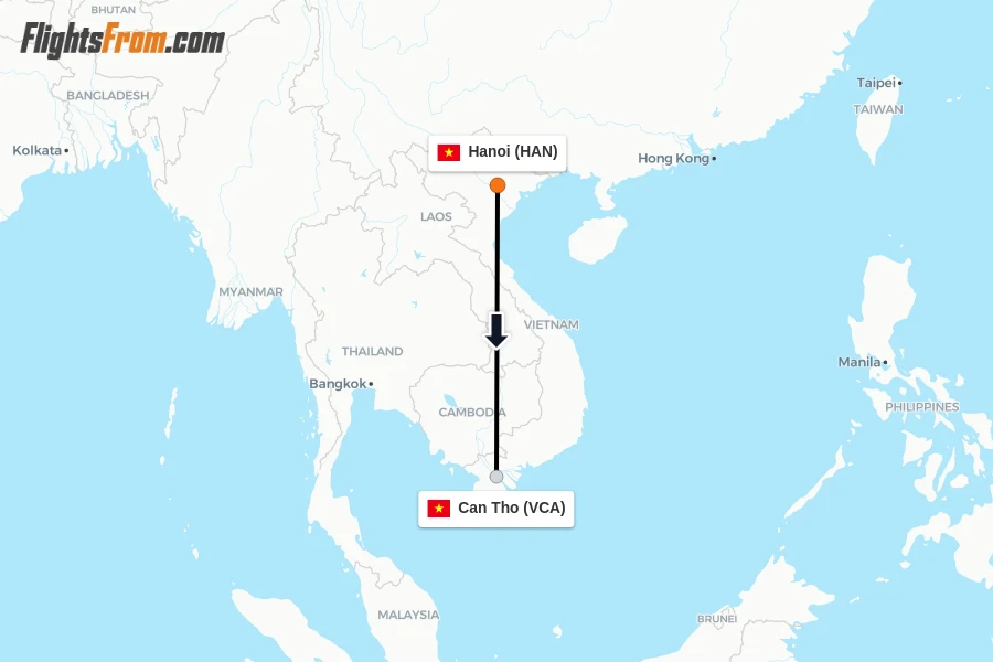 Flights from Hanoi to Can Tho route map