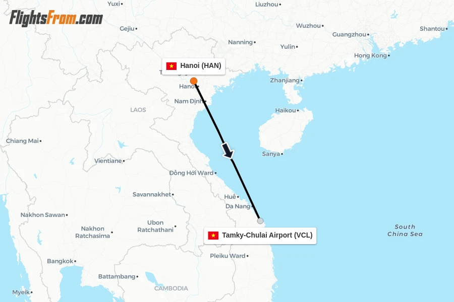 Flights from Hanoi to Tamky-Chulai Airport route map