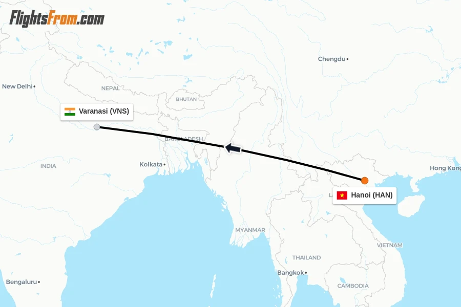 Flights from Hanoi to Varanasi route map